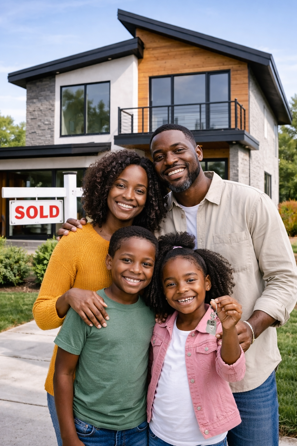 Happy African family standing in front of their newly acquired home